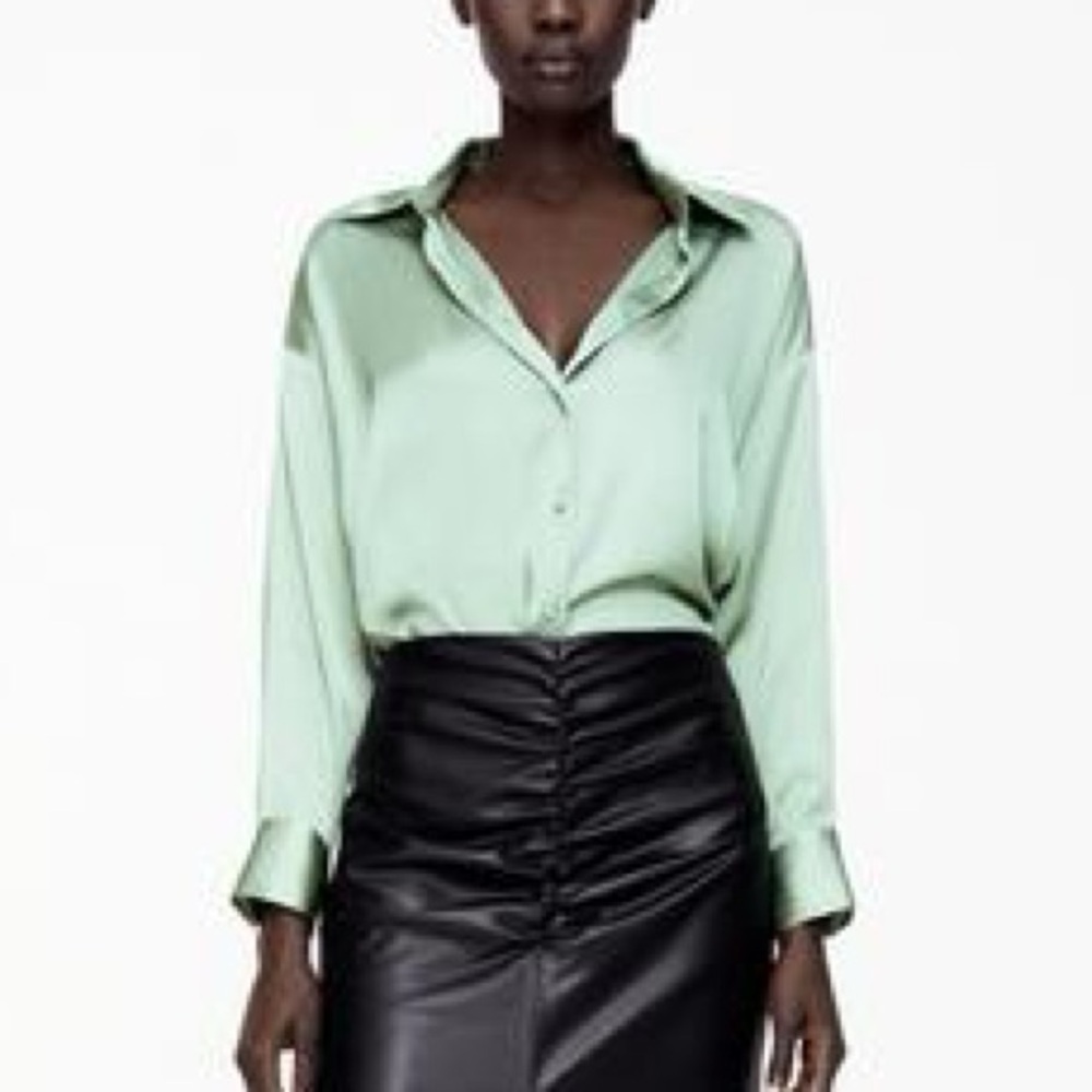Zara Green Satin Women’s Button Down | S